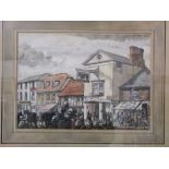 George Charlton (20th century British school) - The Bull Hotel, with figures, cattle, etc,