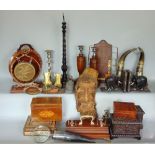 Two boxes of miscellaneous effects including carved wood boxes, brass table lamp with wrythen fluted