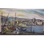 20th century British school - View of a harbour scene with fishing boats, oil painting on board,
