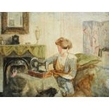 Early 20th century British school - Interior scene in the Bloomsbury manner with woman seated at a