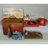 A mixed miscellaneous lot to include a leather gladstone bag and a leather briefcase, a GPO red