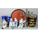 Far Eastern chinoiserie lacquered tiffin, together with four Tengra Spanish figure of clowns, a four