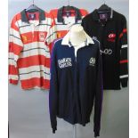 Four rugby shirts, two in the Gloucester colours, both medium size, one navy shirt with a Scotland