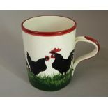 Wemyss Ware - Large mug 'Black Cockerel and Hen', impressed Wemyss, height 14cm approx