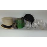 A set of six cut glass brandy balloons, a morning top hat by Woodrow of Piccadilly, a further bowler