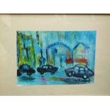 After Isherwood (20th century) - Study of a street scene with vehicles, mixed media, signed