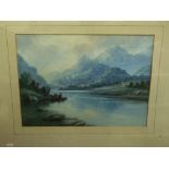 SP Hall (Early 20th century British school) - View of mountainous lake scene with fishermen,