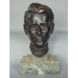Mid 20th century bronze bust study of a gentlemen's head, upon a stepped square marble plinth