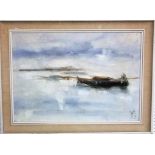 Salitt? (20th century school) - Study of a boat with distant harbour, oil on canvas, signed and