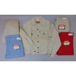 A collection of pre 1971 Levis, including a Duck jacket size 38, three pairs of "Slim Fits" trousers