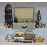 A collection of miscellaneous items to include a spelter figure of a fisherman, a vintage cellular