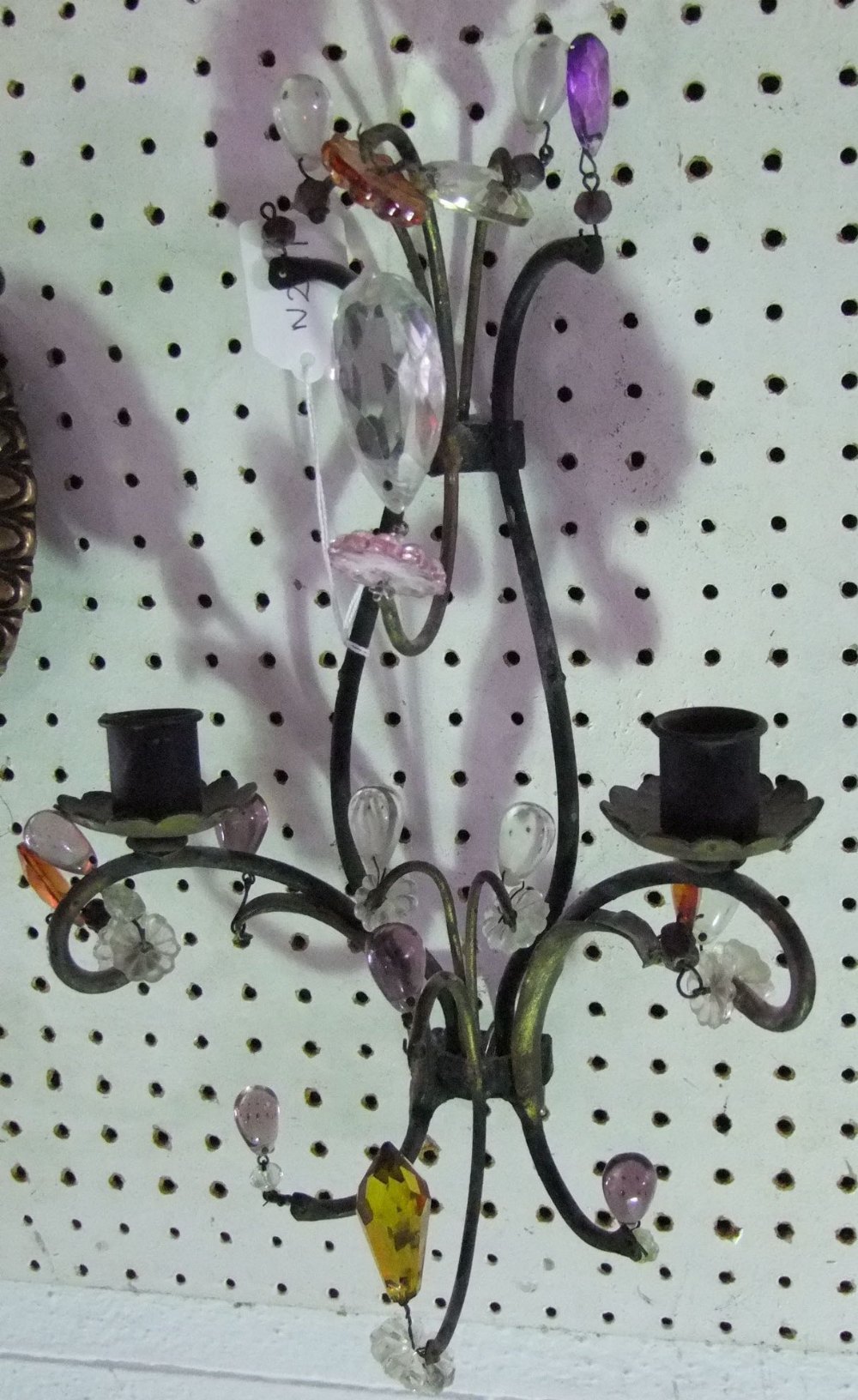 Pair of Venetian style fancy wrought iron twin branch wall lights, with various prismatic drops - Image 3 of 3