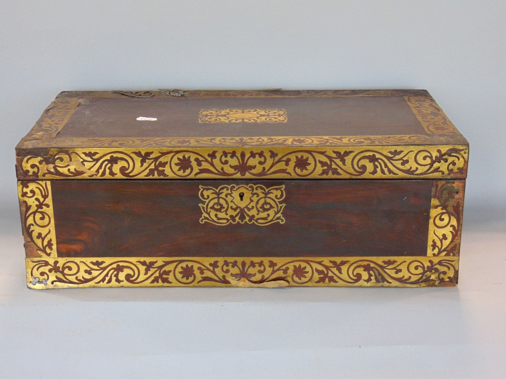 19th century mahogany and brass boulle work writing slope with recessed handles, the hinged lid - Image 2 of 2