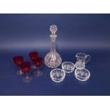 Cut glass decanter, finger bowls, four Victorian cranberry stem wines, etc