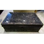 Small Japanned tin deed/strong box with painted lettering Malvern District odd fellows, 45cms wide