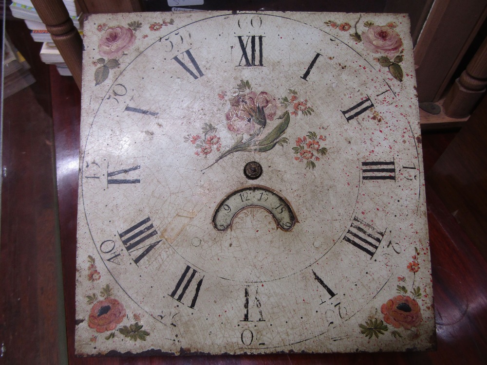 A Georgian oak longcase clock (lacks hood) enclosing a broken arch painted dial with floral - Image 3 of 3