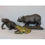 Cast bronze study of a toad, 20cm long together with a further cast metal study of a frog and a