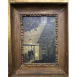 Early 20th century British school - Study of a stairway with figure, oil on board, unsigned, 25 x