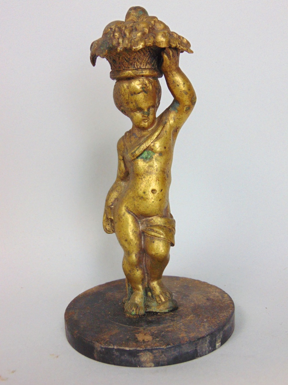 Antique continental cast brass twin branch figural candlestick, 23cm high, together with two gilt - Image 5 of 5