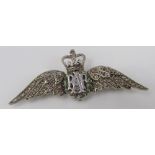 A 9ct white gold RAF brooch decorated with enamel and rose cut diamonds, 4.1cm approx, 3.7g