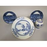 A collection of oriental ceramics including a pair of plates, probably Japanese, with blue and