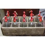 Vintage wooden crate of rectangular form with segmented interior housing ten soda siphon, a couple