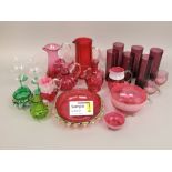 A good collection of 19th century cranberry and other glassware to include an epergne (AF),