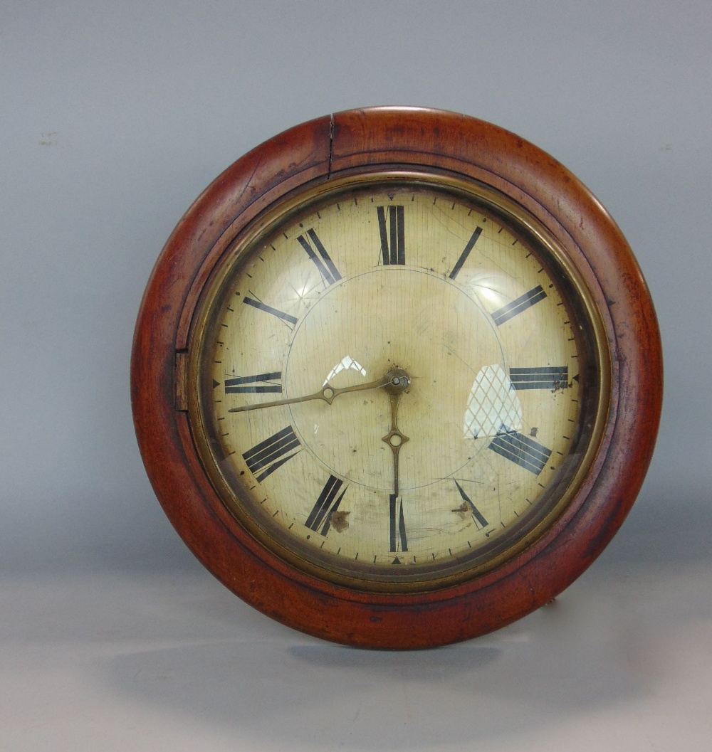 19th century mahogany fronted postmans dial, the painted dial with Roman numerals, with weight and