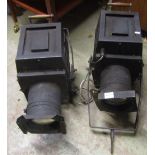 A pair of vintage Strand electric stage lights, patent number 53, reference number 7556