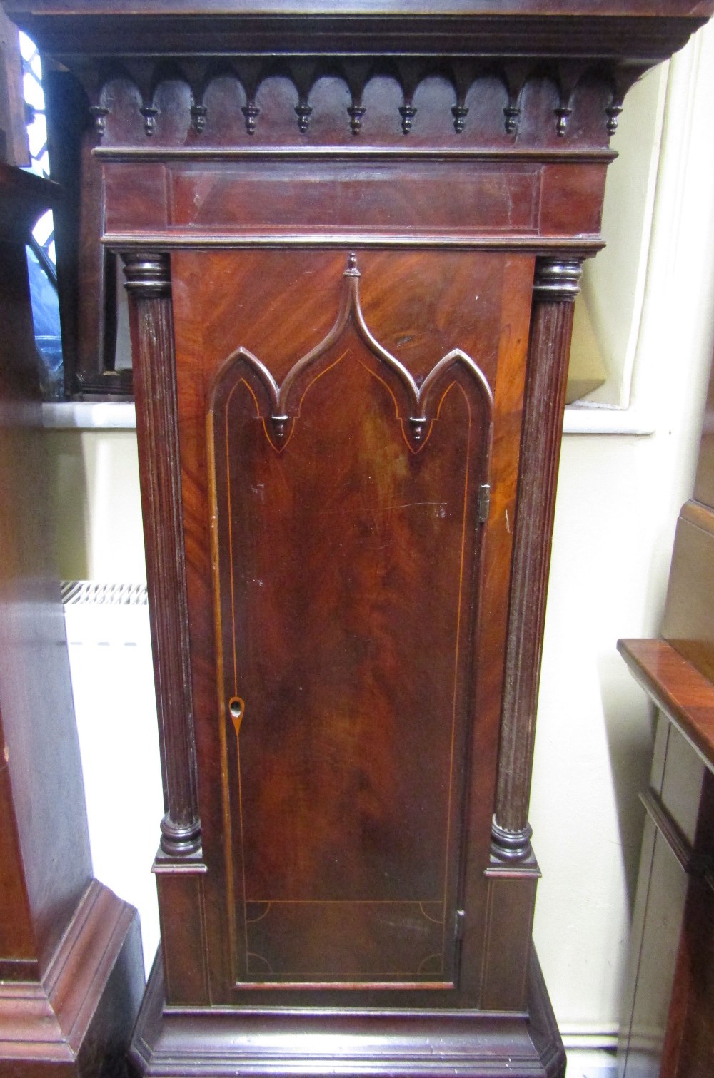 A Regency mahogany longcase clock case with string banded detail, the trunk with reeded column - Image 2 of 2