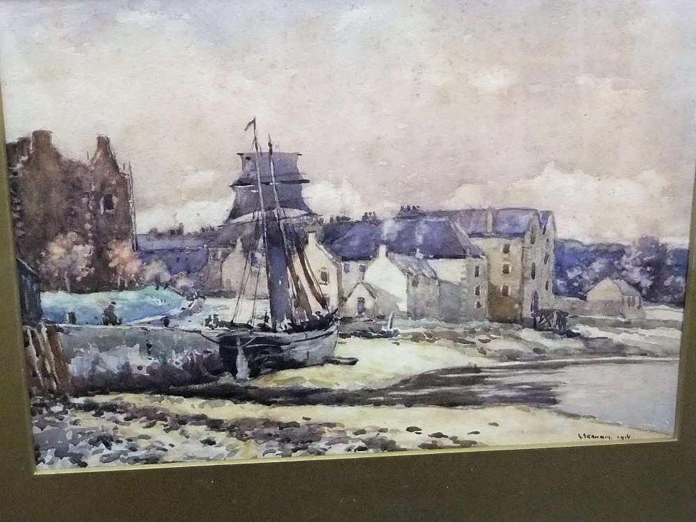 G Graham - Study of a harbour, watercolour, signed and dated 1916, 25 x 35cm, in moulded gilt frame, - Image 2 of 4