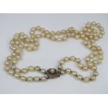 A double strand pearl necklace with 9ct clasp, each pearl 7mm diameter approx