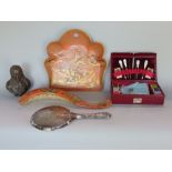 A good box of interesting items to include a cast bronze bust, a silver dressing mirror, a
