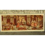 A machine woven tapestry style panel of a 17th century interior scene with moulded frame