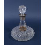 Good quality hob nail cut glass ships decanter with faceted glass neck, silver rim and original