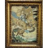 A 19th century silk work embroidered picture of the Apotheosis of Christ, 34 x 23cm in moulded