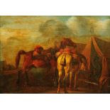 19th century school - Scene at an encampment with pair of horses, oil on board, unsigned but with