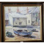 Highet (20th century British school) - Cornish type harbour scene with figure and boats,