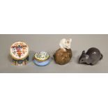 Two Royal Copenhagen models of mice, a Staffordshire enamel pill box with a painted wild flower