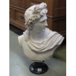 A cast composite (to simulate white marble) bust of Apollo raised on a squat ebonised base/sockle,