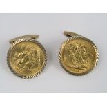 A pair of 9ct mounted sovereign cufflinks with bright cut decoration, sovereigns dated 1915 and