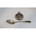 Silver hunter pocket watch (af) together with a silver teaspoon