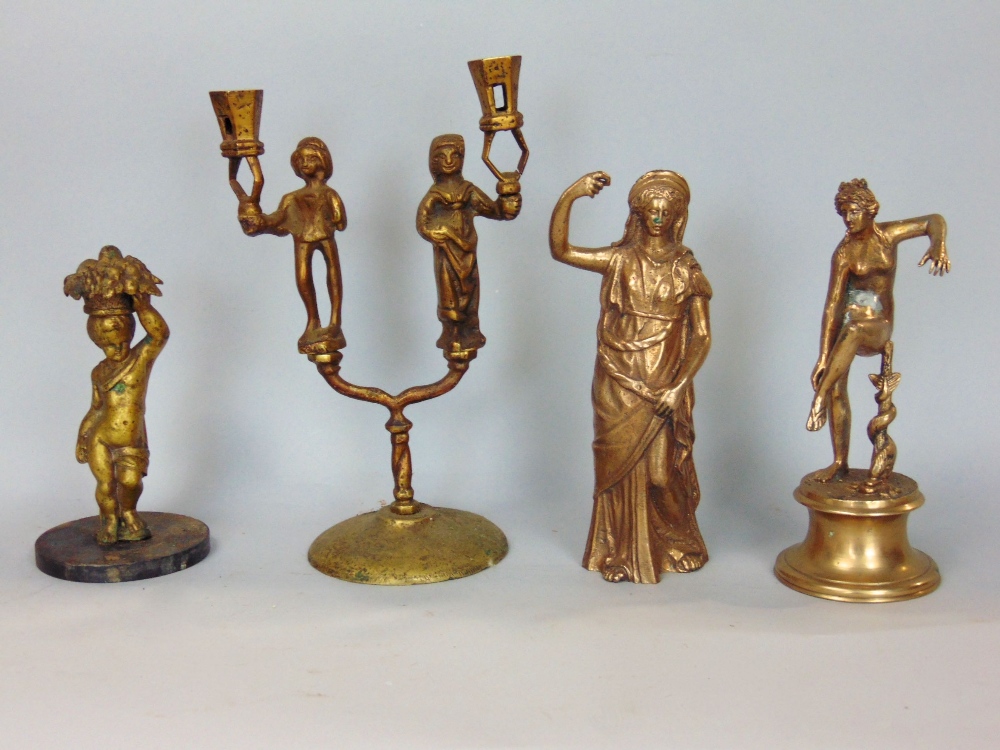 Antique continental cast brass twin branch figural candlestick, 23cm high, together with two gilt