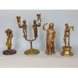 Antique continental cast brass twin branch figural candlestick, 23cm high, together with two gilt