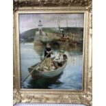 Early 20th century British school - Harbour scene with fishermen, pier, lighthouse, etc, oil on