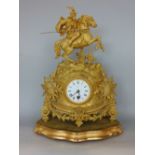 French gilt spelter figural mantle clock mounted by a medieval soldier on horseback over a single