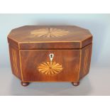 19th century flame mahogany and box wood inlaid tea caddy of octagonal form, the hinged lid