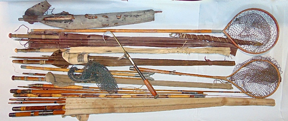 A collection of Edwardian and later fishing equipment (attic stored since the early 1950s) including