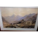 E Tucker (19th century British school) - Mountainous landscape with figure and cattle,