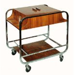 A high quality art deco drinks trolley, with chromium plated frame, enclosing walnut and figured